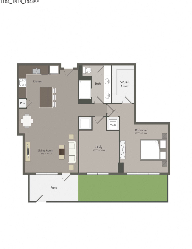 Floor plan for 1 bed, 1 bath, 1044 sqft